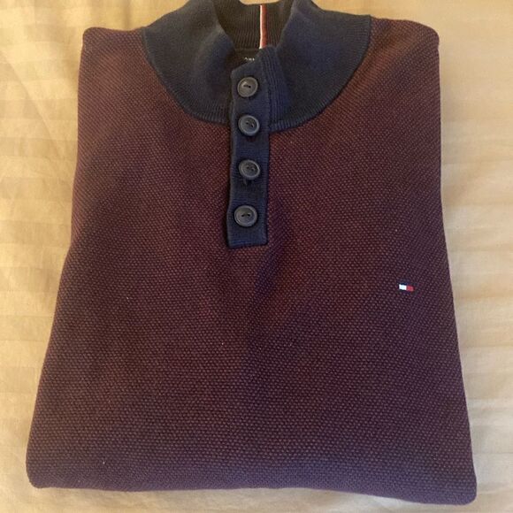 Tommy Hilfiger Mens Mock-neck  4 Button Cotton Sweater in Maroon/Navy.Size XXL - Picture 1 of 7